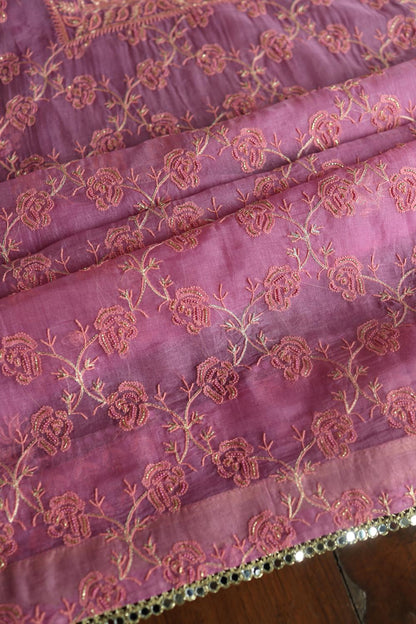 Lilac Shade Noor Organza Silk Chikankari Unstitched Kurta Dupatta Set