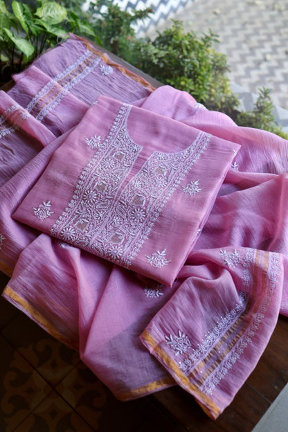 Lilac Pink Shade Mal Cotton Fine Chikankari Unstitched Fabric