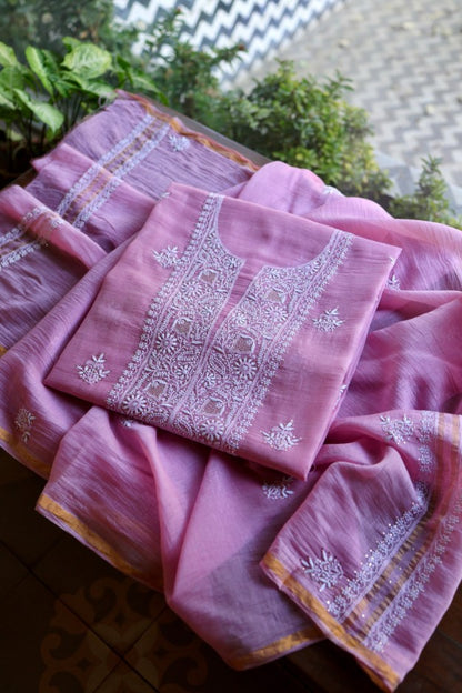 Lilac Pink Shade Mal Cotton Fine Chikankari Unstitched Fabric