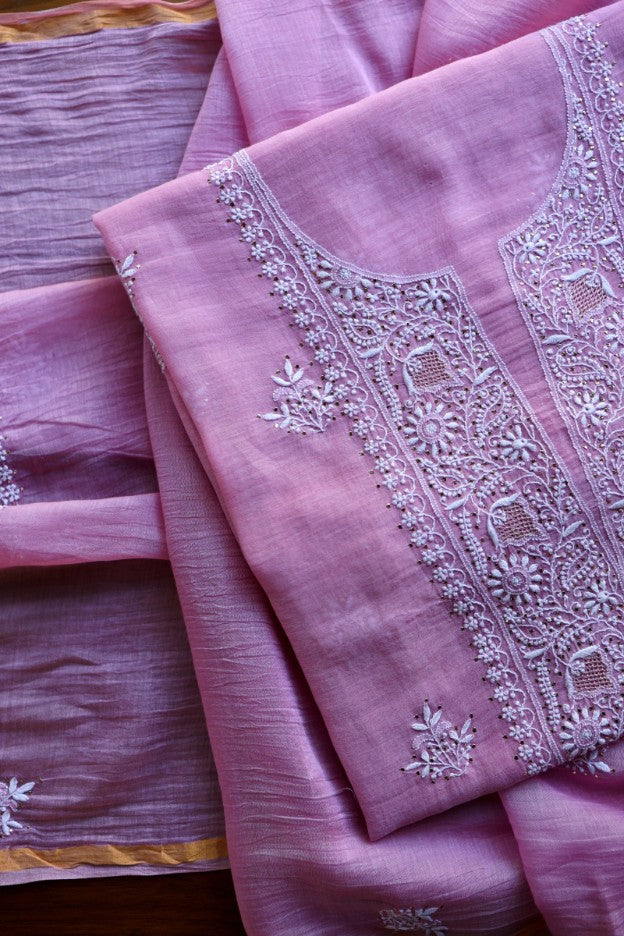Lilac Pink Shade Mal Cotton Fine Chikankari Unstitched Fabric