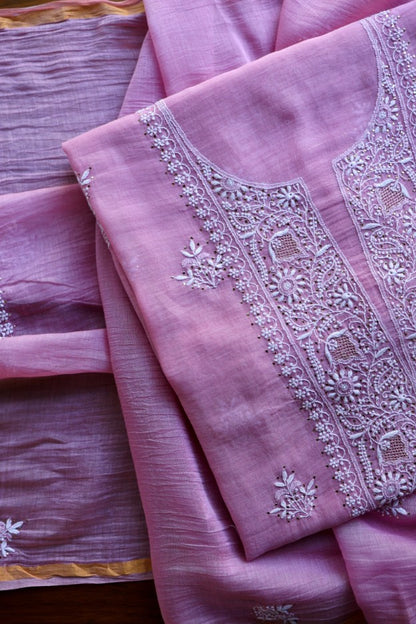 Lilac Pink Shade Mal Cotton Fine Chikankari Unstitched Fabric