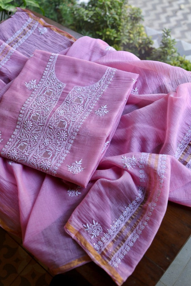 Lilac Pink Shade Mal Cotton Fine Chikankari Unstitched Fabric