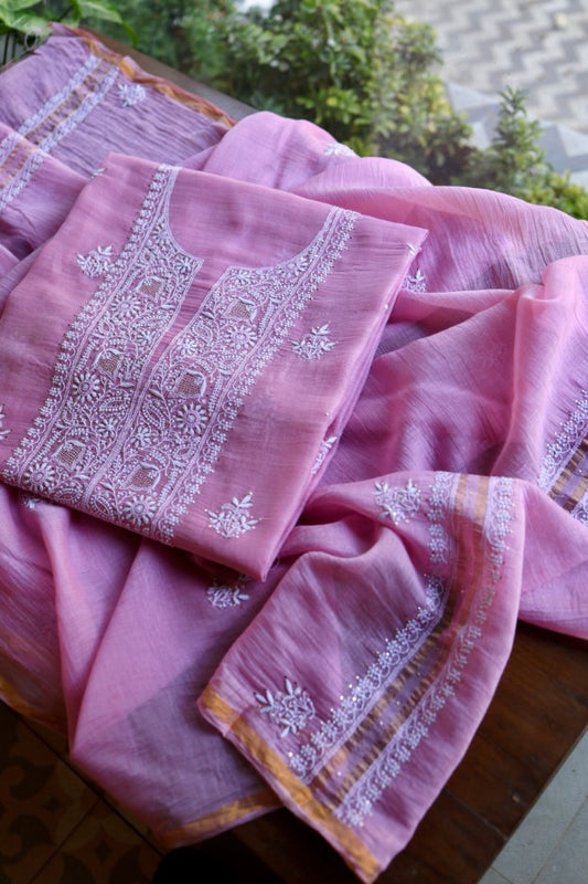 Lilac Pink Shade Mal Cotton Fine Chikankari Unstitched Fabric