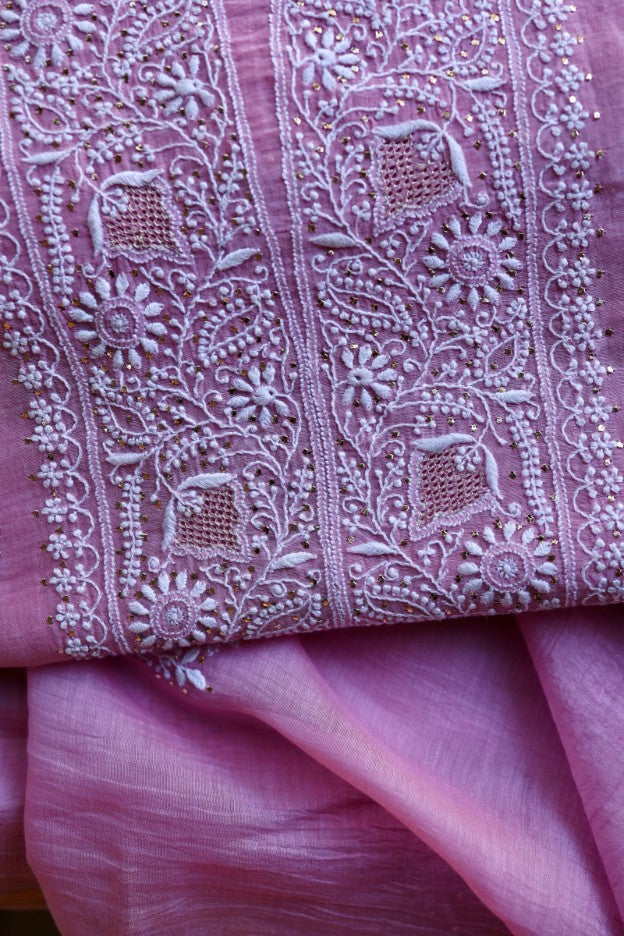 Lilac Pink Shade Mal Cotton Fine Chikankari Unstitched Fabric