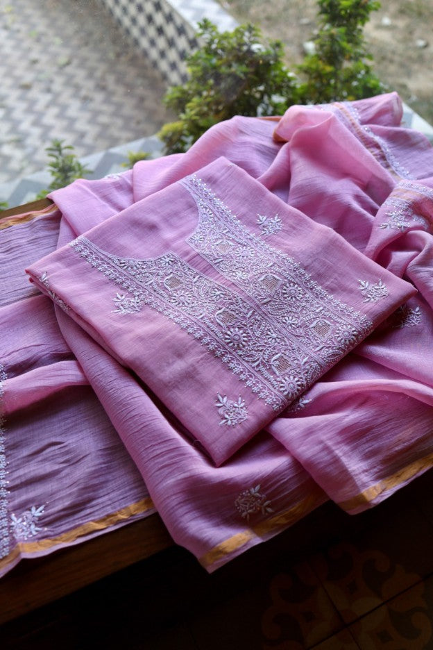 Lilac Pink Shade Mal Cotton Fine Chikankari Unstitched Fabric