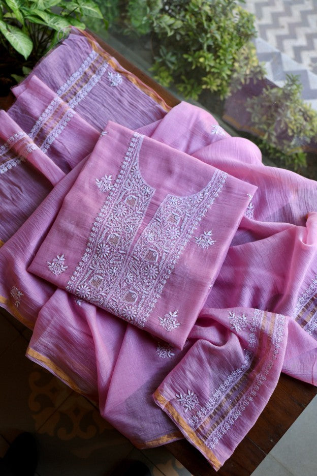 Lilac Pink Shade Mal Cotton Fine Chikankari Unstitched Fabric