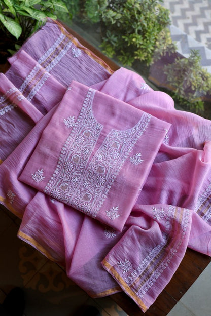 Lilac Pink Shade Mal Cotton Fine Chikankari Unstitched Fabric