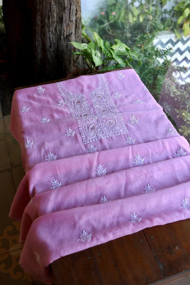 Lilac Pink Shade Mal Cotton Fine Chikankari Unstitched Fabric