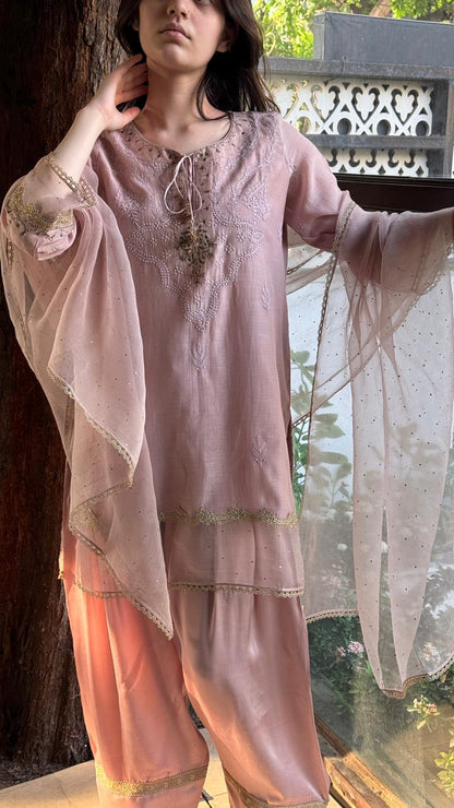 Lily Pink Satin Linen Farshi Sets With Chikankari & Kamdani