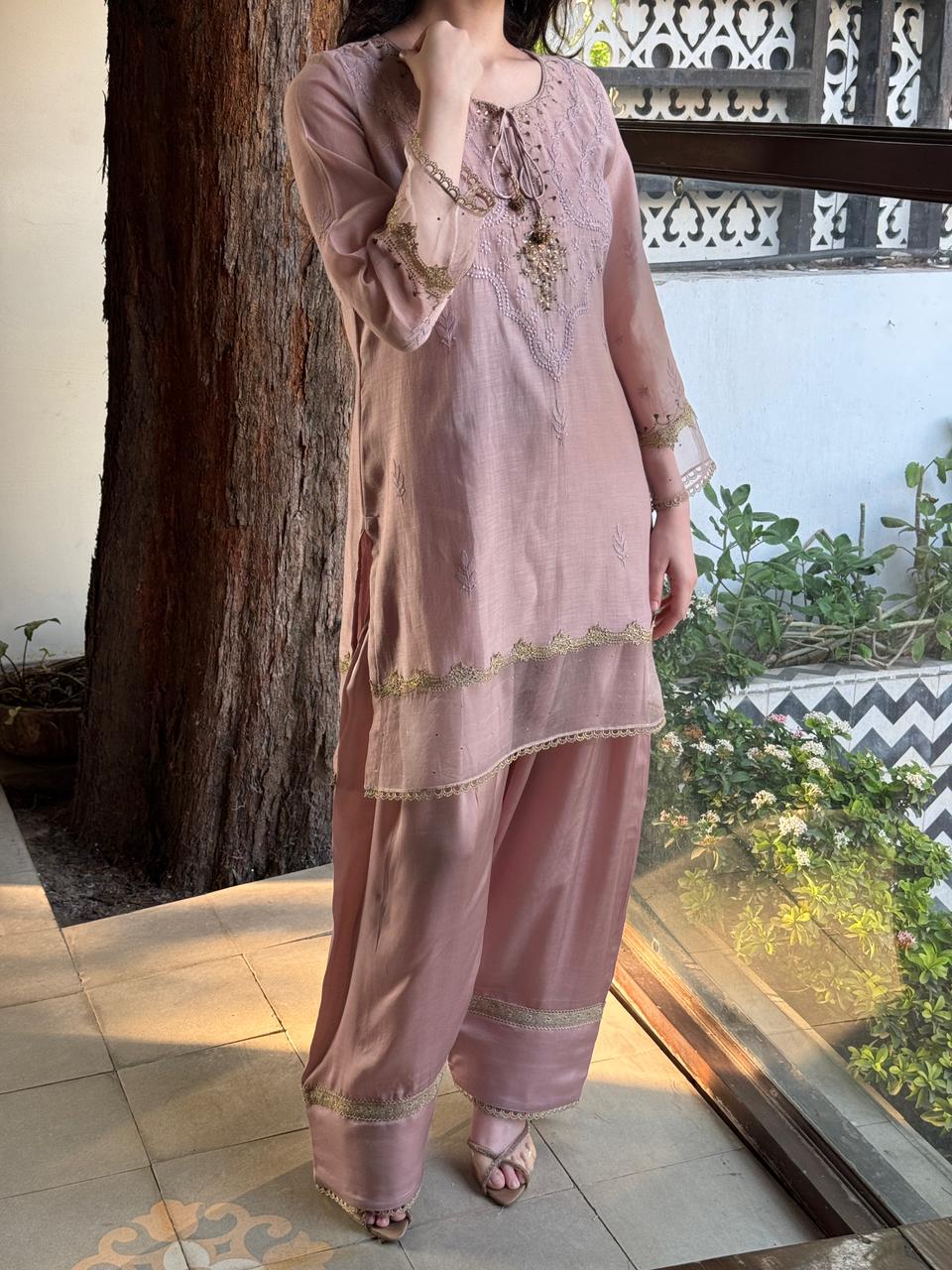 Lily Pink Satin Linen Farshi Sets With Chikankari & Kamdani