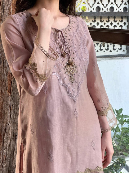 Lily Pink Satin Linen Farshi Sets With Chikankari & Kamdani