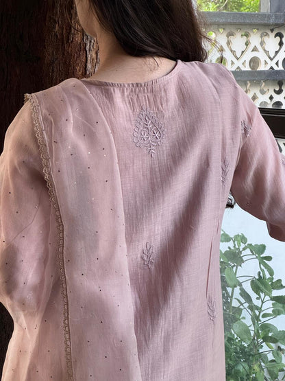 Lily Pink Satin Linen Farshi Sets With Chikankari & Kamdani