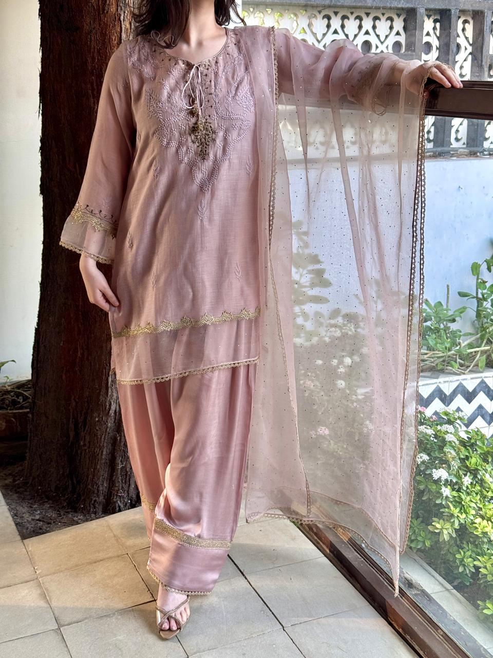Lily Pink Satin Linen Farshi Sets With Chikankari & Kamdani