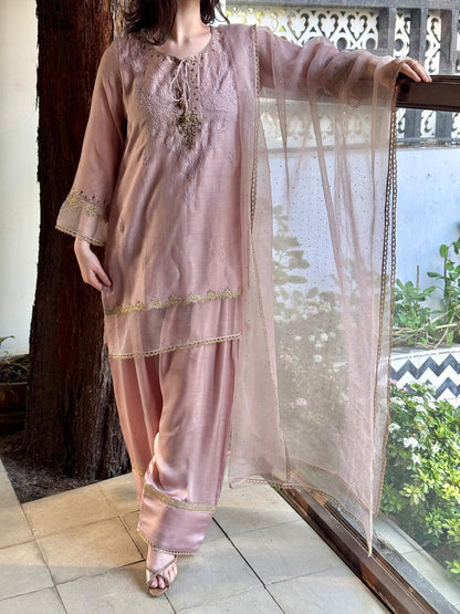 Lily Pink Satin Linen Farshi Sets With Chikankari & Kamdani