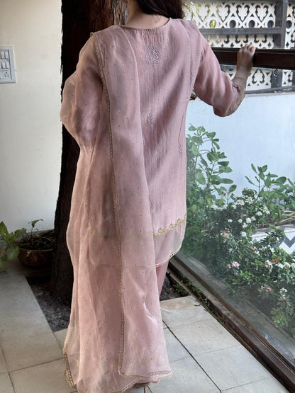 Lily Pink Satin Linen Farshi Sets With Chikankari & Kamdani