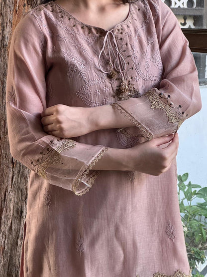 Lily Pink Satin Linen Farshi Sets With Chikankari & Kamdani