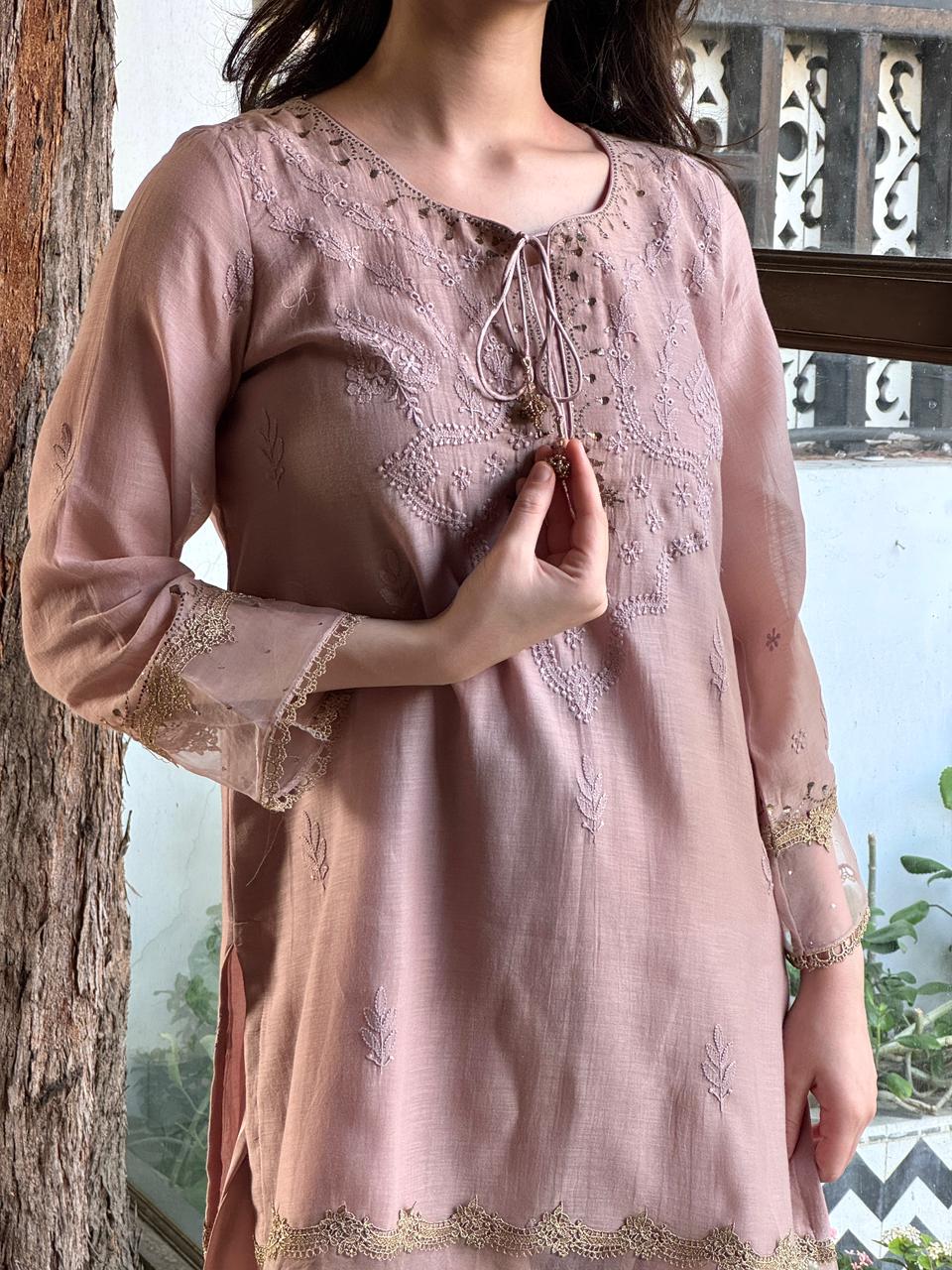 Lily Pink Satin Linen Farshi Sets With Chikankari & Kamdani