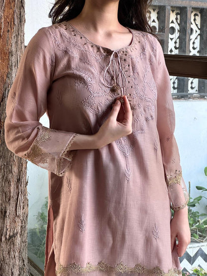 Lily Pink Satin Linen Farshi Sets With Chikankari & Kamdani