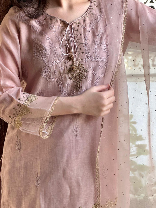 Lily Pink Satin Linen Farshi Sets With Chikankari & Kamdani