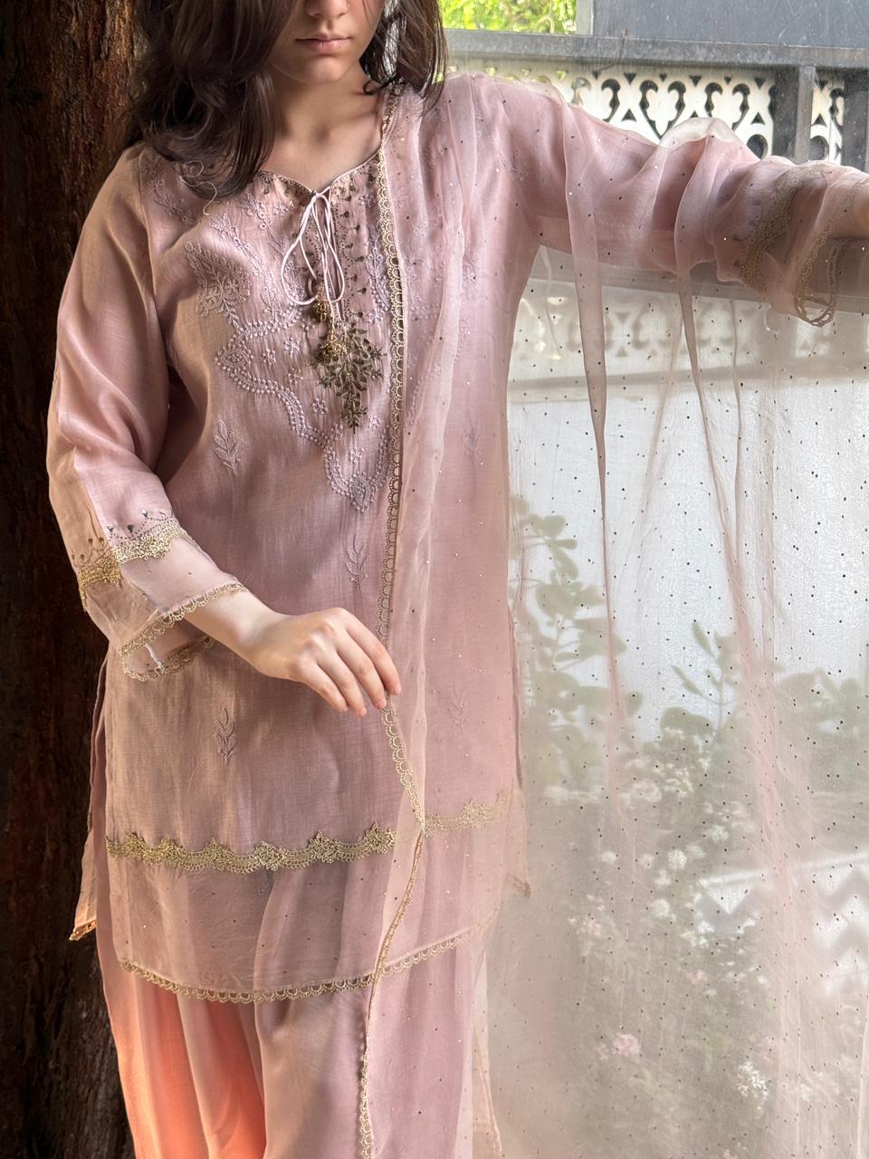 Lily Pink Satin Linen Farshi Sets With Chikankari & Kamdani