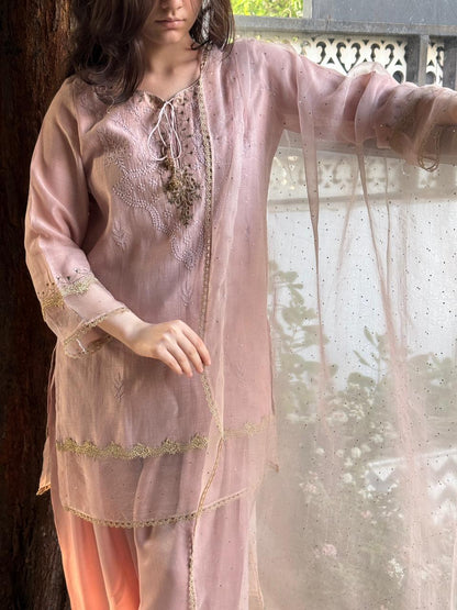 Lily Pink Satin Linen Farshi Sets With Chikankari & Kamdani
