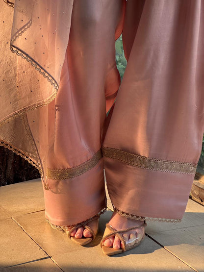 Lily Pink Satin Linen Farshi Sets With Chikankari & Kamdani