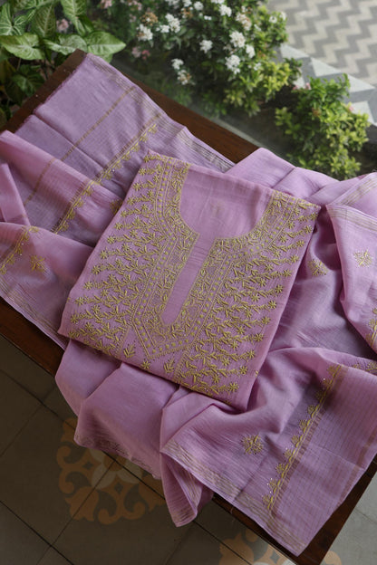 Lily Purple Shade Mal Cotton Fine Chikankari With Kamdani Work Unstitched Fabric