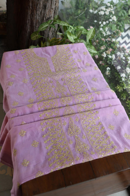 Lily Purple Shade Mal Cotton Fine Chikankari With Kamdani Work Unstitched Fabric
