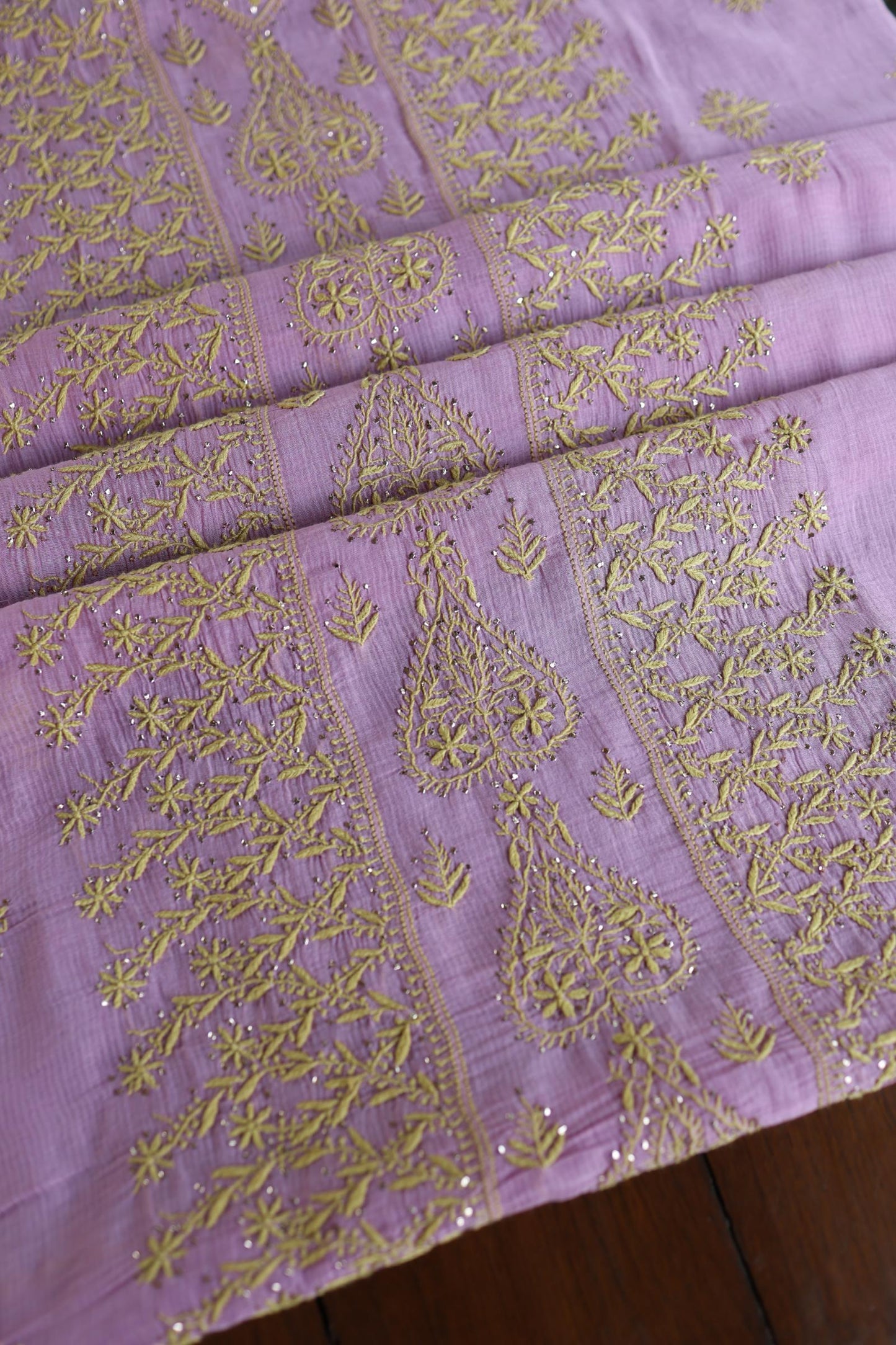 Lily Purple Shade Mal Cotton Fine Chikankari With Kamdani Work Unstitched Fabric