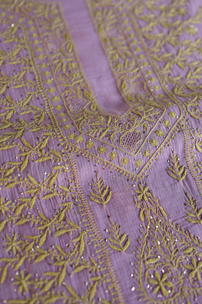 Lily Purple Shade Mal Cotton Fine Chikankari With Kamdani Work Unstitched Fabric