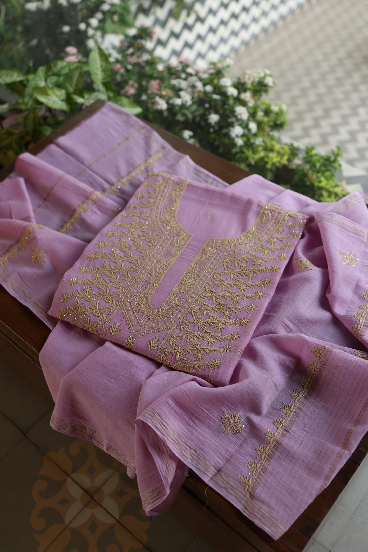 Lily Purple Shade Mal Cotton Fine Chikankari With Kamdani Work Unstitched Fabric