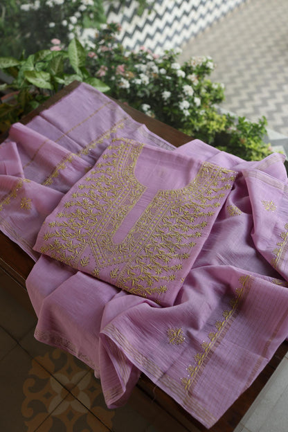 Lily Purple Shade Mal Cotton Fine Chikankari With Kamdani Work Unstitched Fabric
