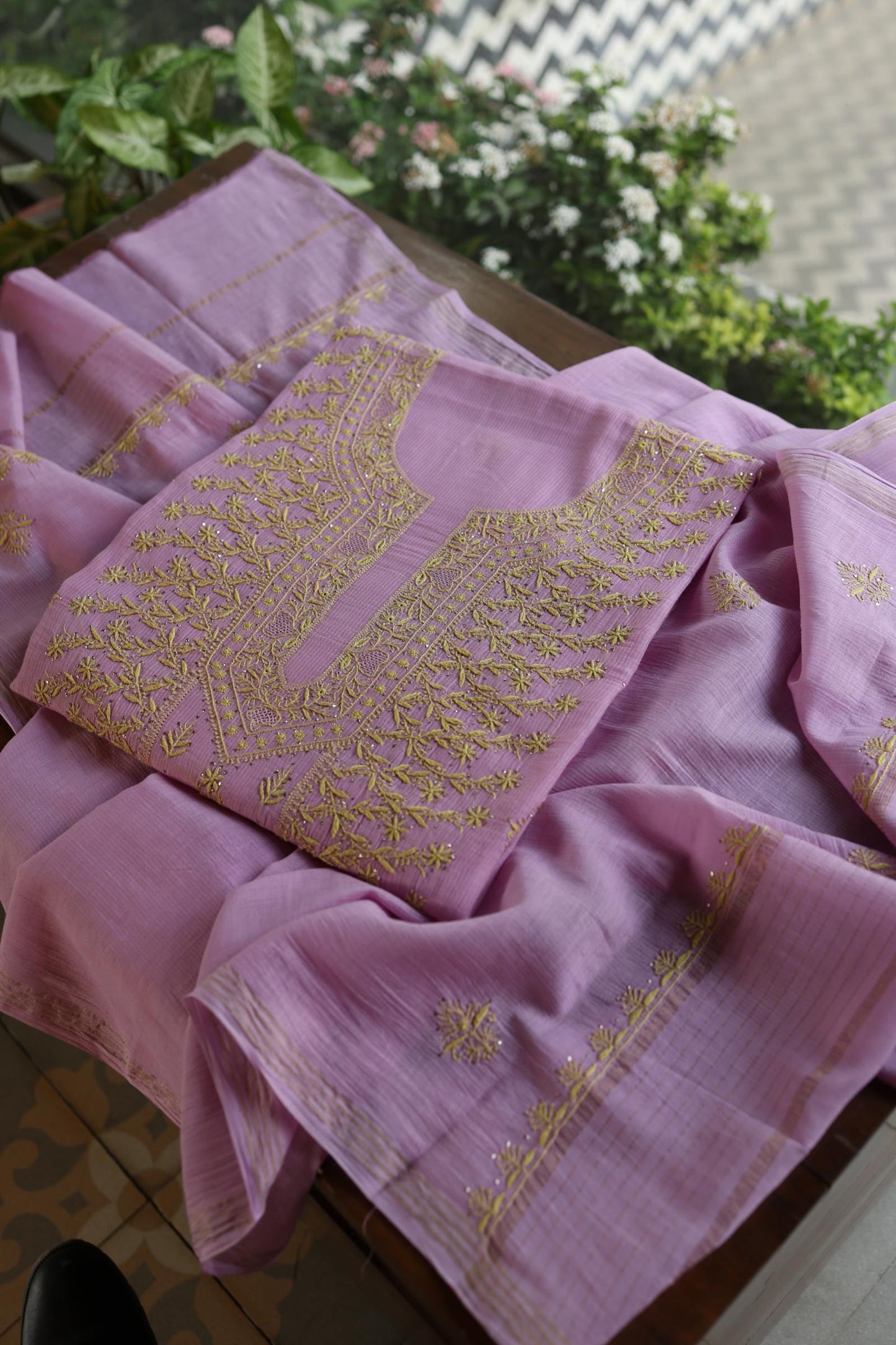 Lily Purple Shade Mal Cotton Fine Chikankari With Kamdani Work Unstitched Fabric