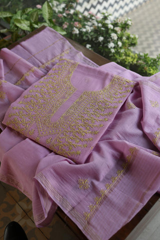 Lily Purple Shade Mal Cotton Fine Chikankari With Kamdani Work Unstitched Fabric