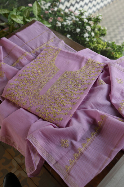 Lily Purple Shade Mal Cotton Fine Chikankari With Kamdani Work Unstitched Fabric