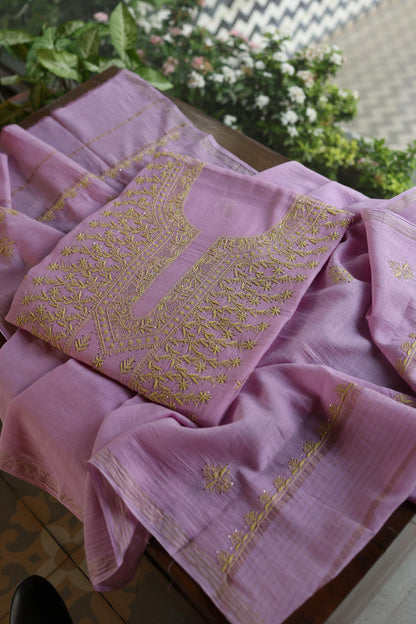 Lily Purple Shade Mal Cotton Fine Chikankari With Kamdani Work Unstitched Fabric