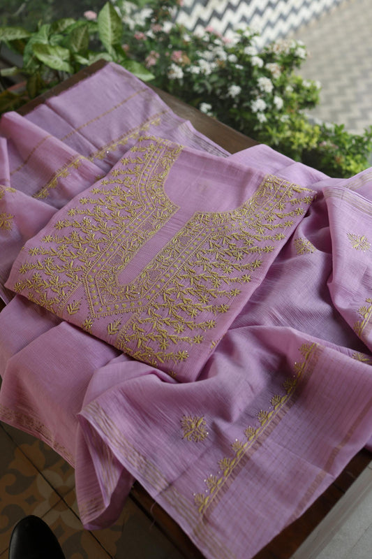 Lily Purple Shade Mal Cotton Fine Chikankari With Kamdani Work Unstitched Fabric