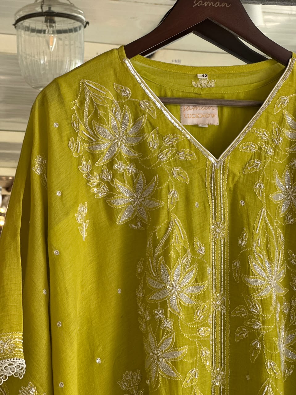 Lime Green Mal Chanderi Short Kaftan with Ari & Beadwork