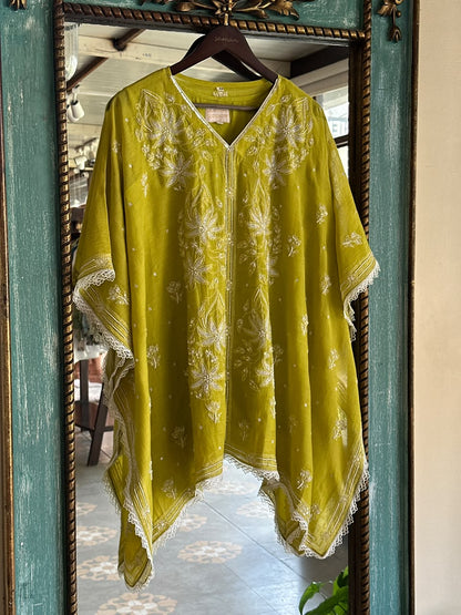 Lime Green Mal Chanderi Short Kaftan with Ari & Beadwork