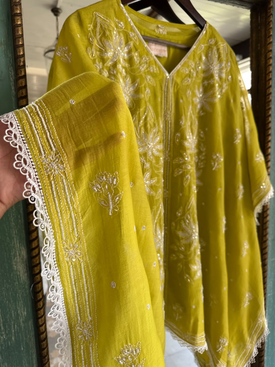 Lime Green Mal Chanderi Short Kaftan with Ari & Beadwork