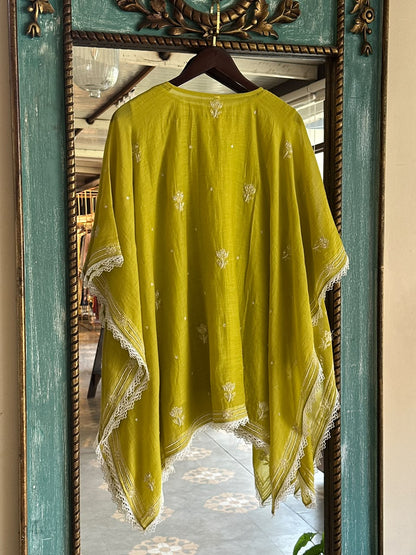 Lime Green Mal Chanderi Short Kaftan with Ari & Beadwork