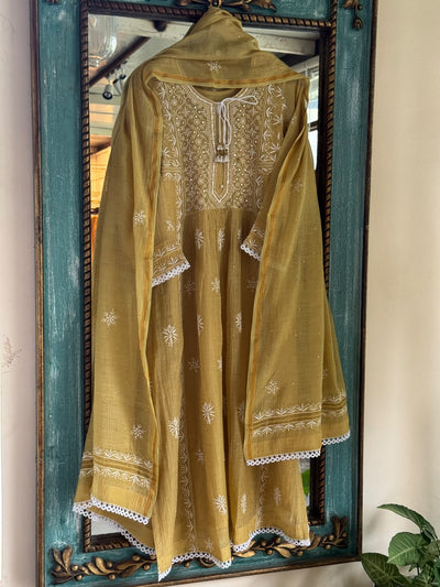 Lime Yellow Shade Malmal Tux Chikankari Kamdani Dress Kurta Set