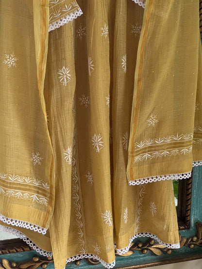 Lime Yellow Shade Malmal Tux Chikankari Kamdani Dress Kurta Set