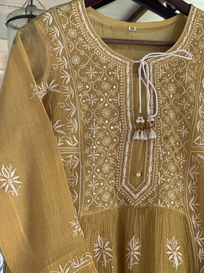 Lime Yellow Shade Malmal Tux Chikankari Kamdani Dress Kurta Set