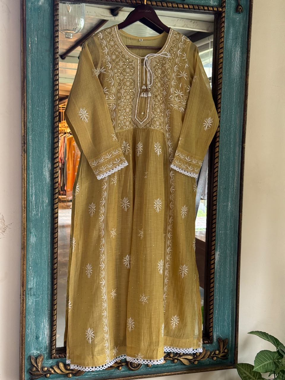 Lime Yellow Shade Malmal Tux Chikankari Kamdani Dress Kurta Set