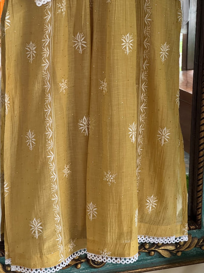 Lime Yellow Shade Malmal Tux Chikankari Kamdani Dress Kurta Set