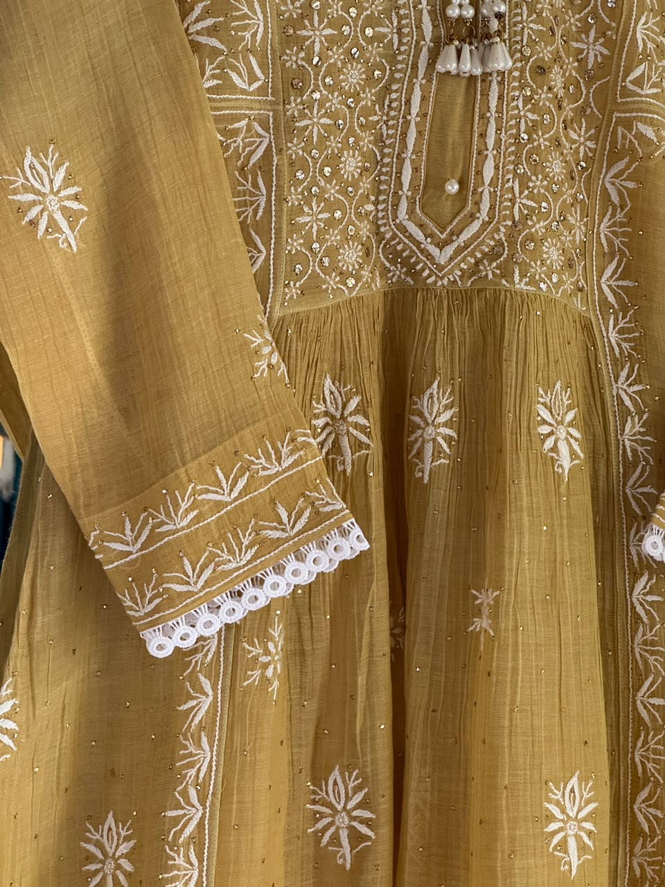 Lime Yellow Shade Malmal Tux Chikankari Kamdani Dress Kurta Set
