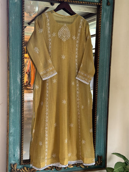 Lime Yellow Shade Malmal Tux Chikankari Kamdani Dress Kurta Set