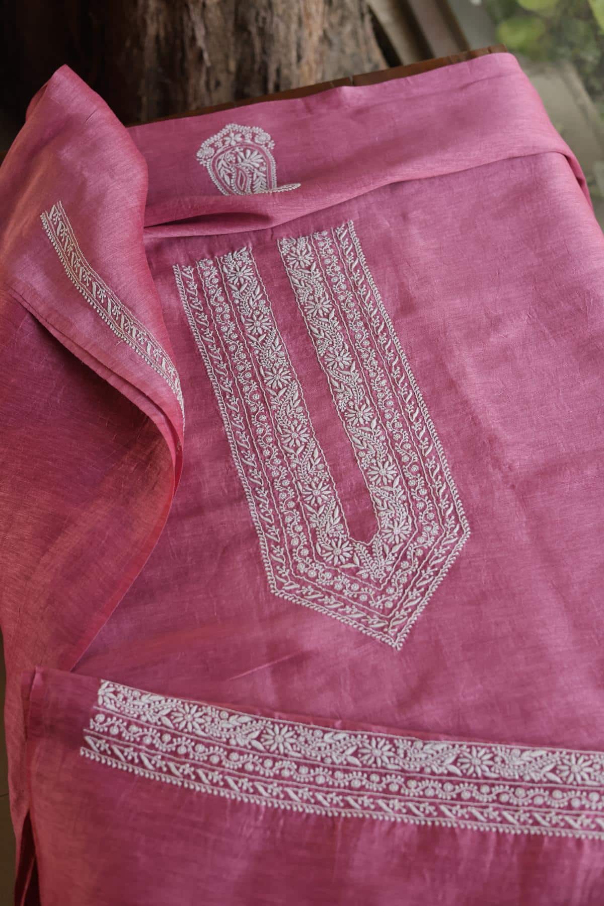 Dark Pink Linen Chikankari Unstitched Men's Kurtas Fabric