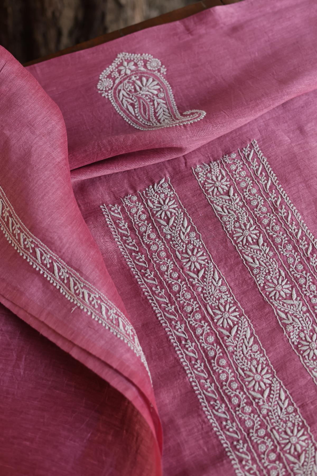 Dark Pink Linen Chikankari Unstitched Men's Kurtas Fabric